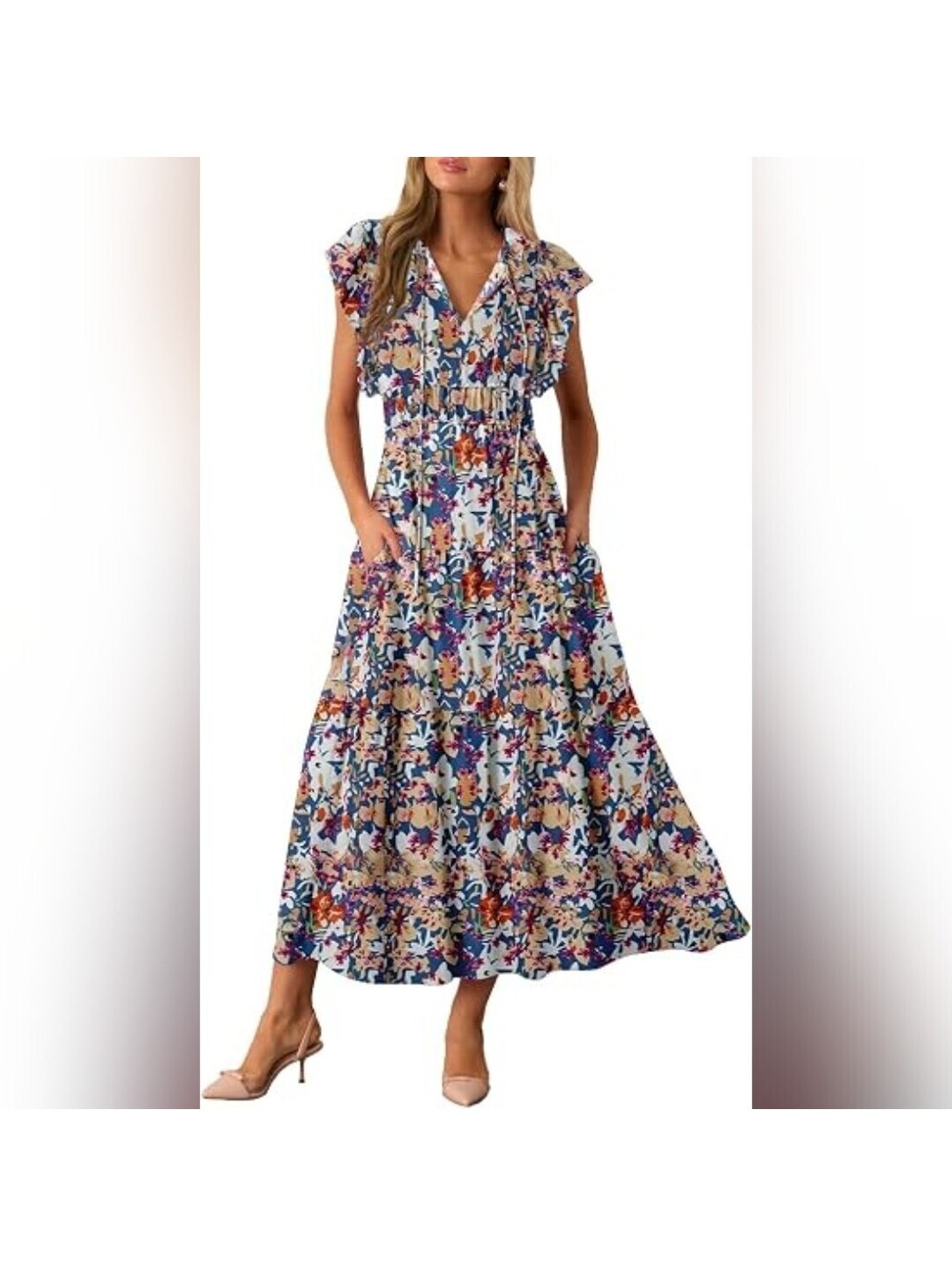 NWOT Blencot Floral Casual Flowy Boho Short Sleeve V Neck Ruffle Maxi Dress, S
